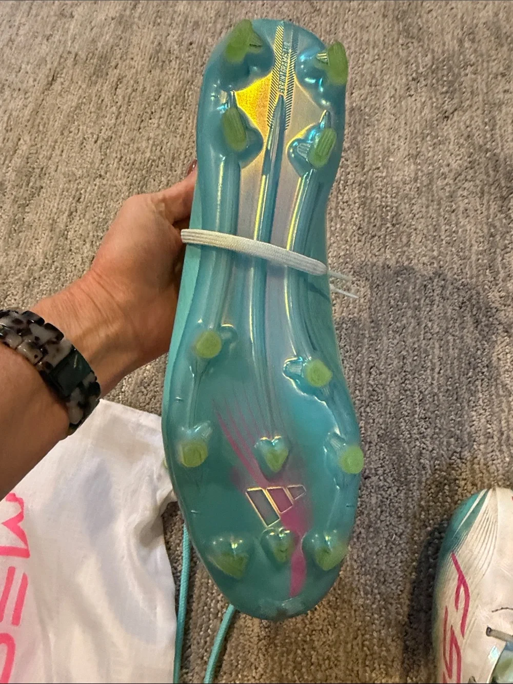 adidas Mens F50 Soccer Cleats in White, Pink & Teal Messi